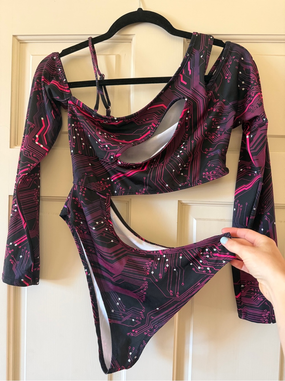 iHeartRaves Circuit Board Long Sleeve Cutout Bodysuit Black/Neon Pink